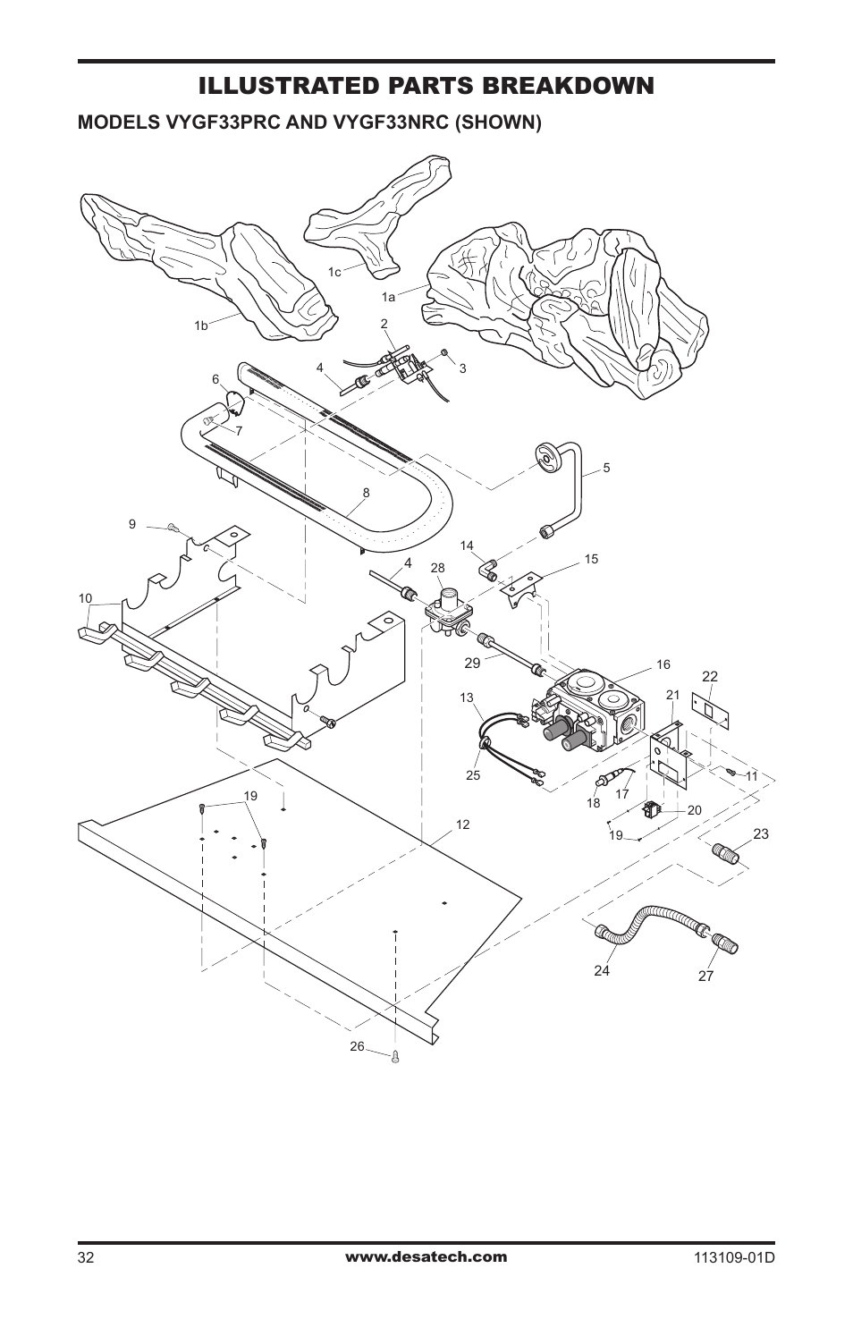 Illustrated parts breakdown and parts list, Illustrated parts breakdown, Models vygf33prc and vygf33nrc (shown) | Desa FPVF33NRA User Manual | Page 32 / 40