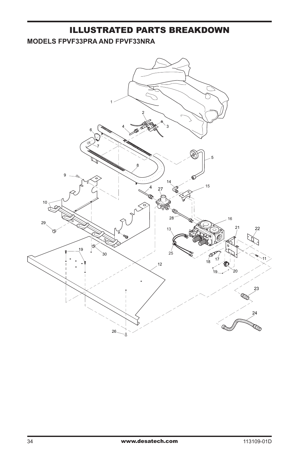 Illustrated parts breakdown, Models fpvf33pra and fpvf33nra | Desa FPVF33NRA User Manual | Page 34 / 40
