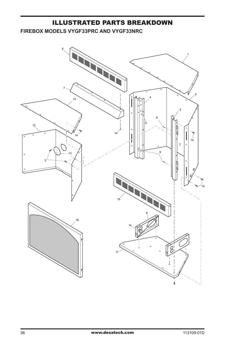 Illustrated parts breakdown, Firebox models vygf33prc and vygf33nrc | Desa FPVF33NRA User Manual | Page 36 / 40