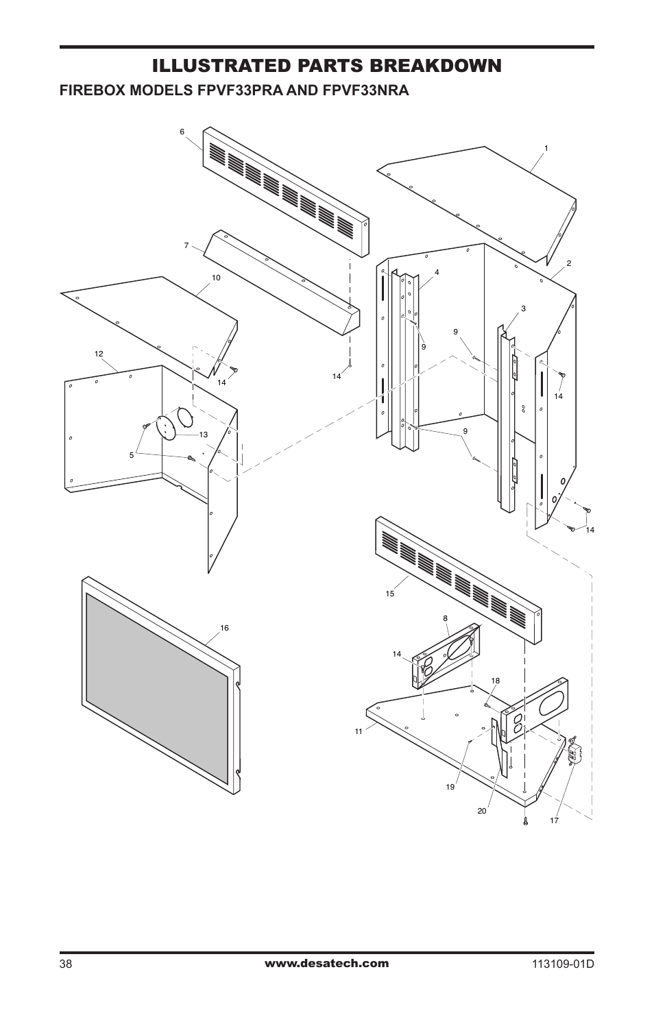 Illustrated parts breakdown, Firebox models fpvf33pra and fpvf33nra | Desa FPVF33NRA User Manual | Page 38 / 40