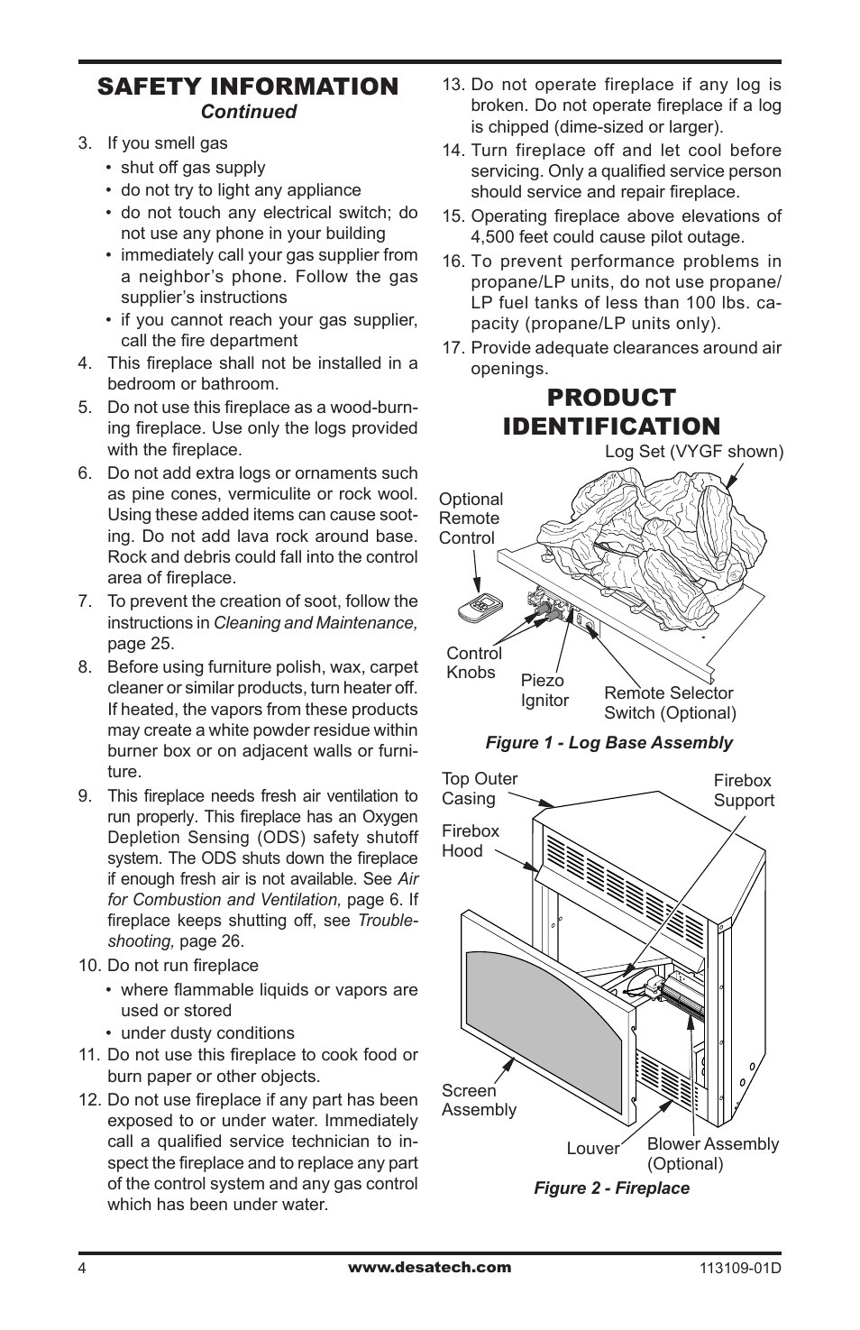 Product identification, Safety information | Desa FPVF33NRA User Manual | Page 4 / 40