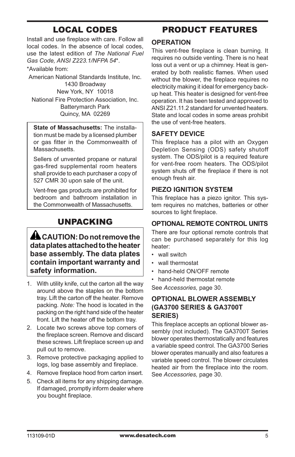 Local codes, Unpacking, Product features | Desa FPVF33NRA User Manual | Page 5 / 40