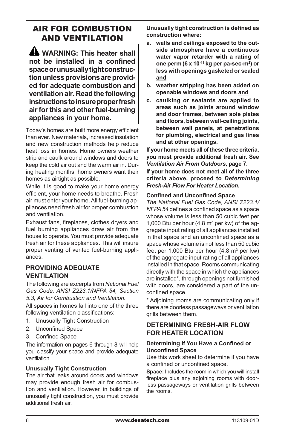 Air for combustion and ventilation | Desa FPVF33NRA User Manual | Page 6 / 40