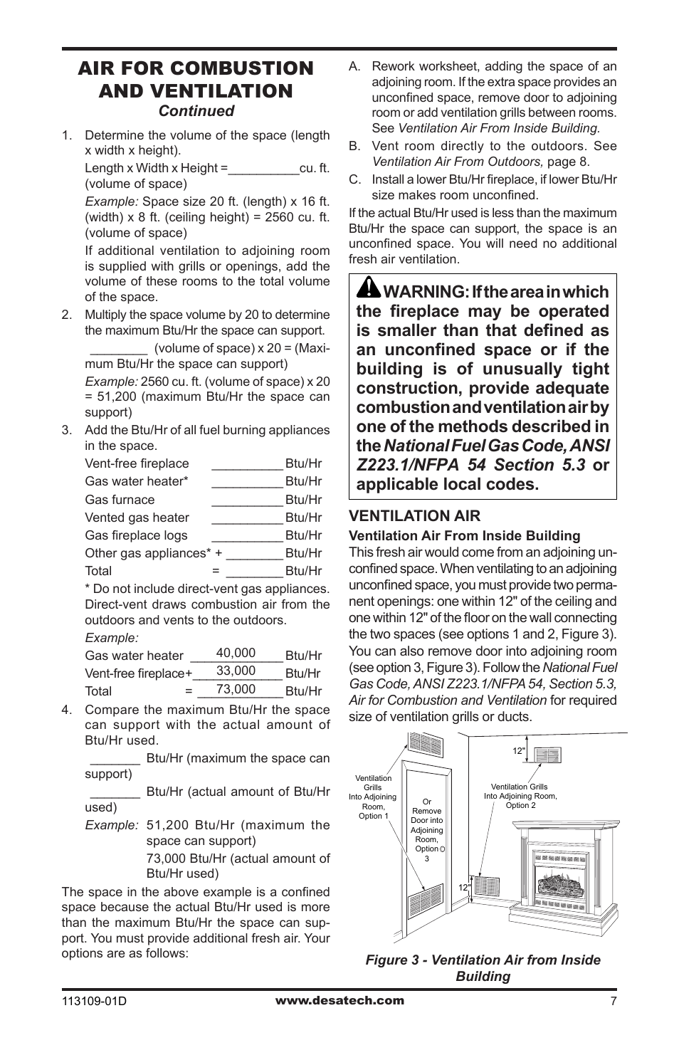 Air for combustion and ventilation | Desa FPVF33NRA User Manual | Page 7 / 40