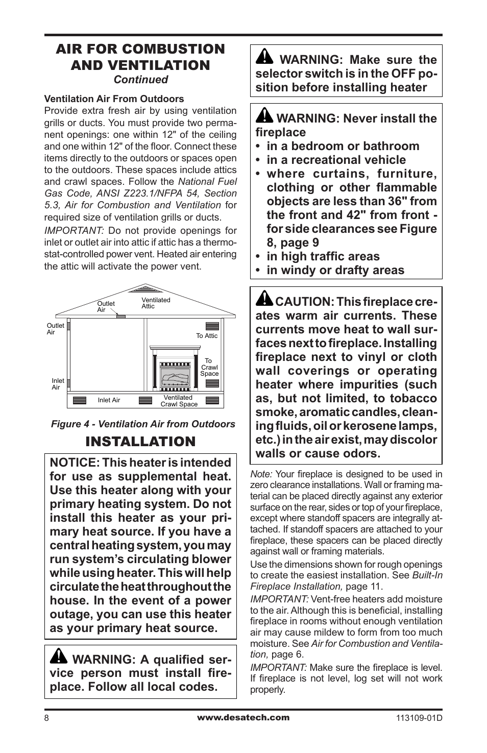 Installation, Air for combustion and ventilation | Desa FPVF33NRA User Manual | Page 8 / 40