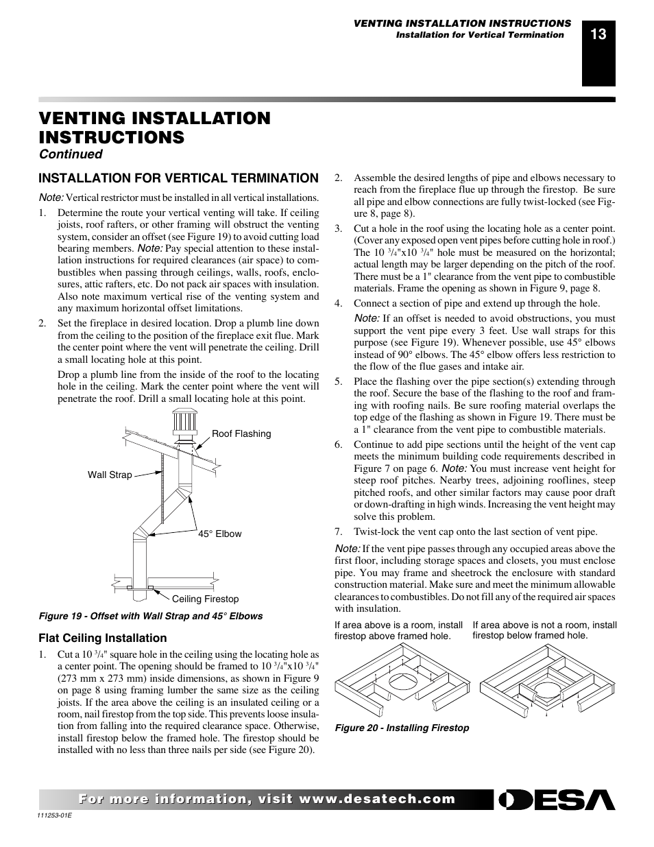 Venting installation instructions, Continued, Installation for vertical termination | Desa (V)V36EN-B User Manual | Page 13 / 38