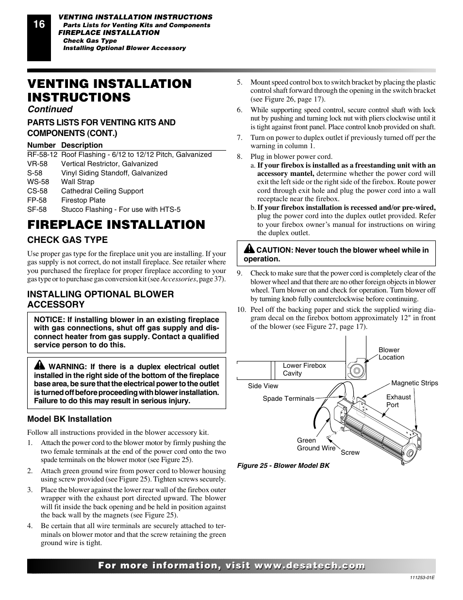 Fireplace installation, Venting installation instructions, Continued | Desa (V)V36EN-B User Manual | Page 16 / 38