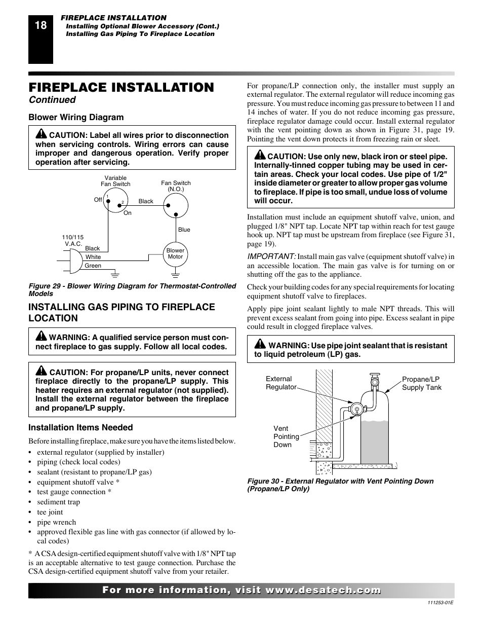 Fireplace installation, Continued, Installing gas piping to fireplace location | Desa (V)V36EN-B User Manual | Page 18 / 38