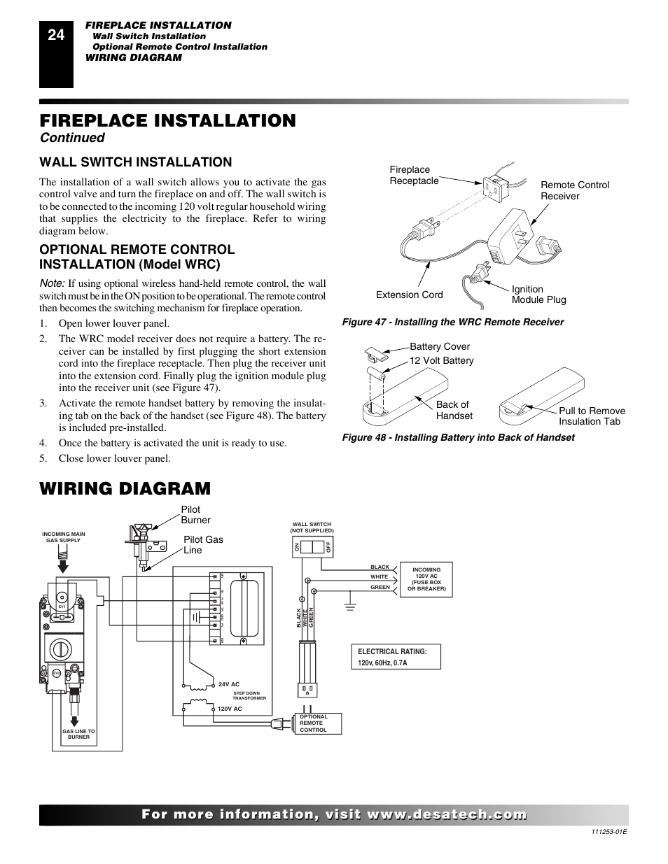 Wiring diagram, Fireplace installation, Continued | Optional remote control installation (model wrc), Wall switch installation | Desa (V)V36EN-B User Manual | Page 24 / 38