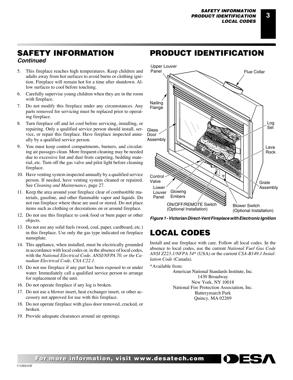 Product identification, Local codes, Safety information | Continued | Desa (V)V36EN-B User Manual | Page 3 / 38