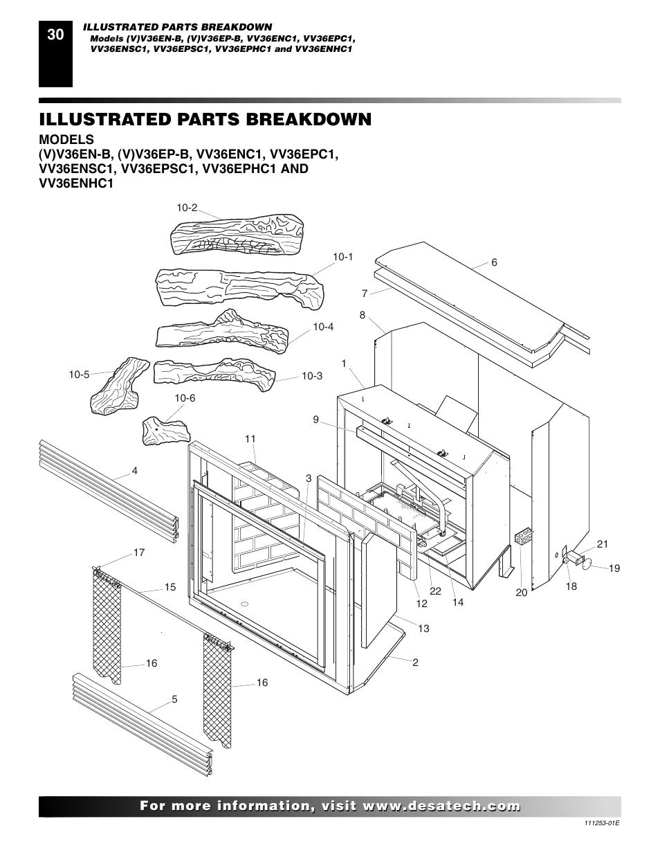 Illustrated parts breakdown and parts list, Illustrated parts breakdown | Desa (V)V36EN-B User Manual | Page 30 / 38