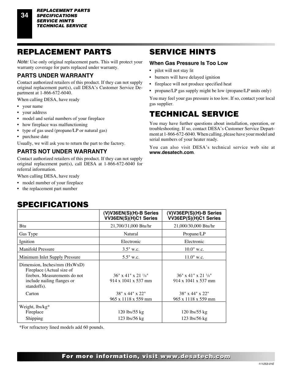 Replacement parts, Service hints, Technical service | Specifications | Desa (V)V36EN-B User Manual | Page 34 / 38