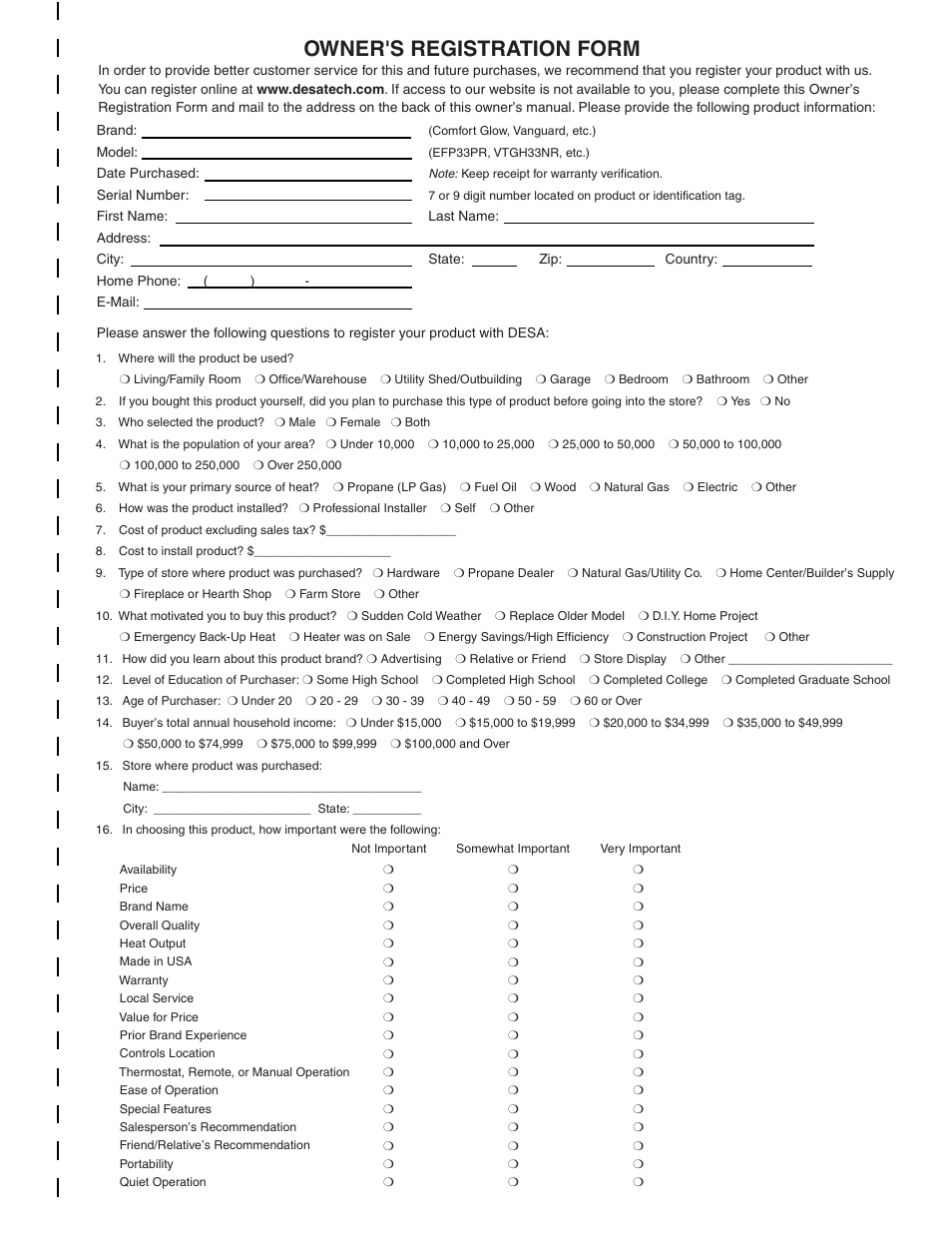 Owner's registration form | Desa (V)V36EN-B User Manual | Page 35 / 38