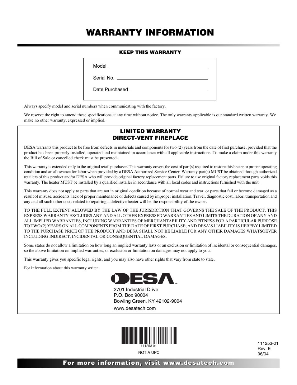 Warranty information | Desa (V)V36EN-B User Manual | Page 38 / 38