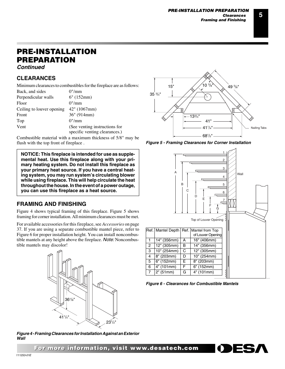Pre-installation preparation, Continued, Clearances | Framing and finishing | Desa (V)V36EN-B User Manual | Page 5 / 38