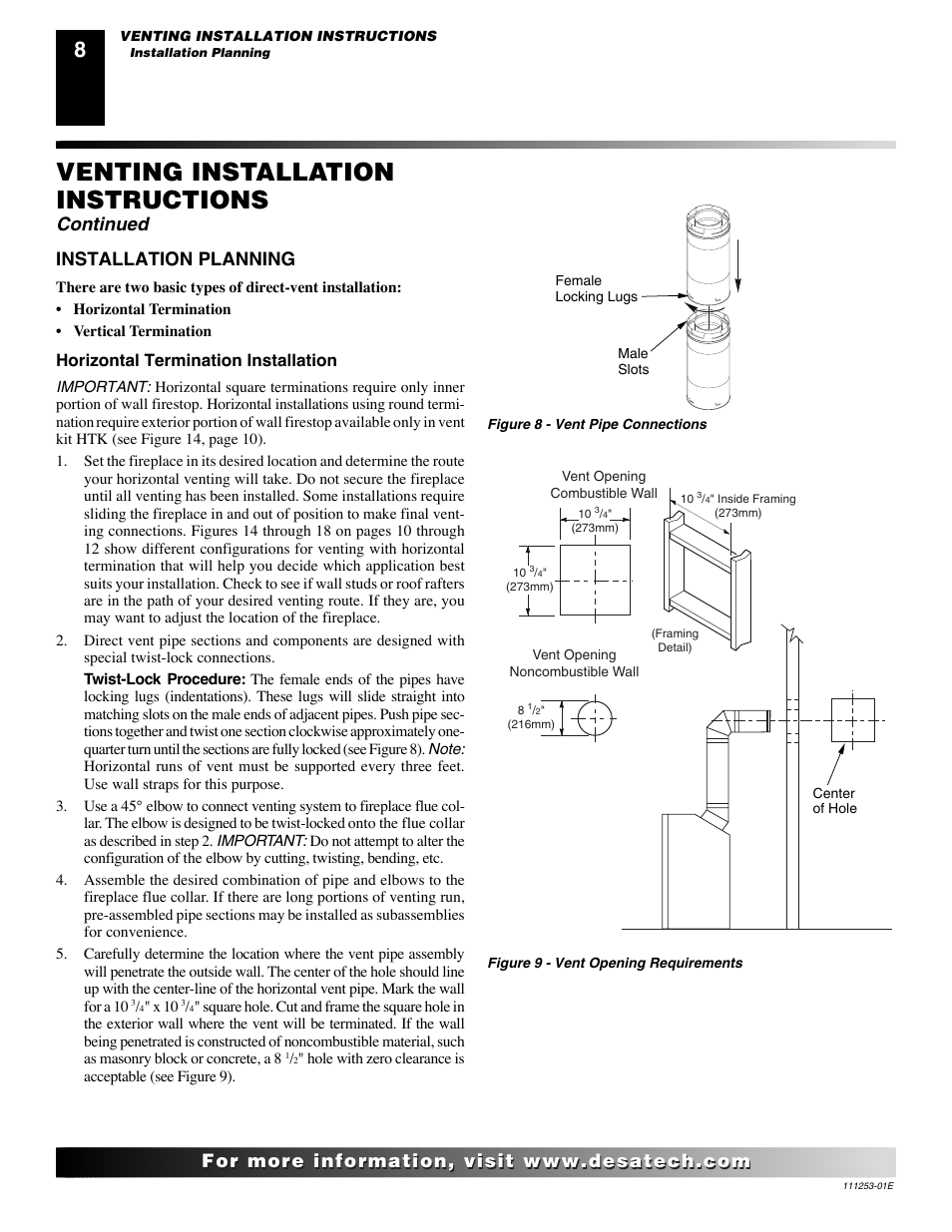 Venting installation instructions, Continued, Installation planning | Horizontal termination installation | Desa (V)V36EN-B User Manual | Page 8 / 38