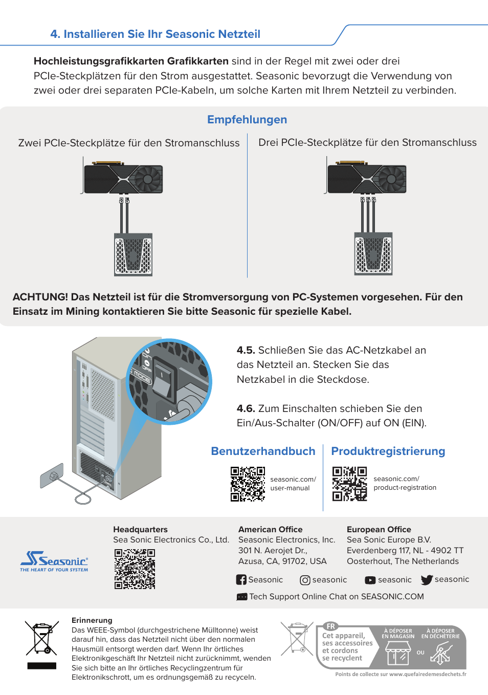 Installieren sie ihr seasonic netzteil, Empfehlungen, Benutzerhandbuch | Produktregistrierung | SeaSonic Electronics GX-1000W 80-PLUS Gold PCIE5 Modular Power Supply User Manual | Page 12 / 96