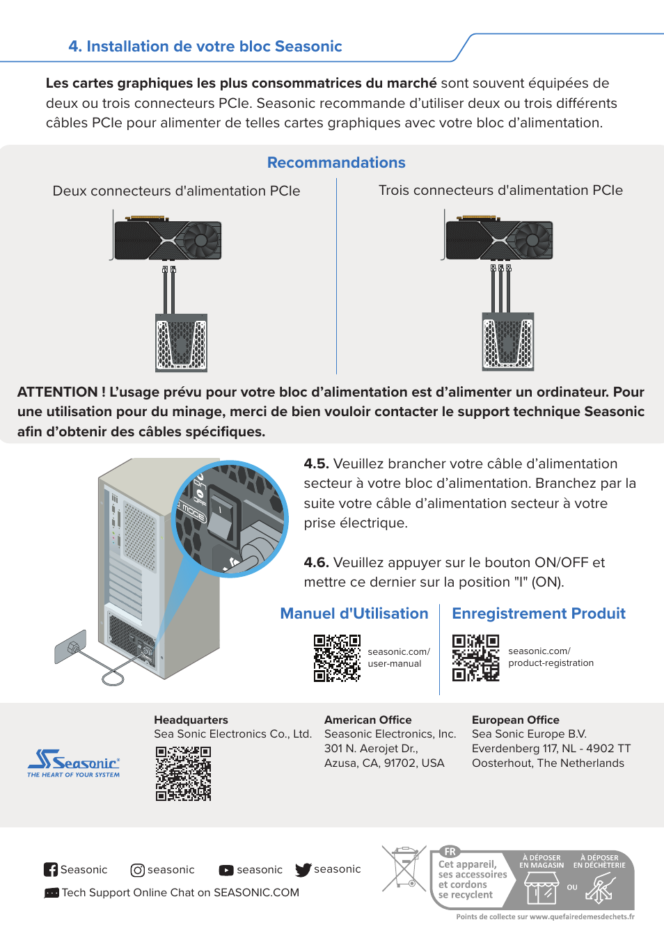 Installation de votre bloc seasonic, Recommandations, Manuel d'utilisation | Enregistrement produit | SeaSonic Electronics GX-1000W 80-PLUS Gold PCIE5 Modular Power Supply User Manual | Page 18 / 96