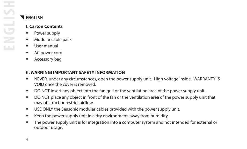 English | SeaSonic Electronics GX-1000W 80-PLUS Gold PCIE5 Modular Power Supply User Manual | Page 24 / 96