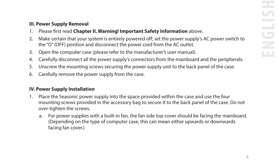 English | SeaSonic Electronics GX-1000W 80-PLUS Gold PCIE5 Modular Power Supply User Manual | Page 25 / 96