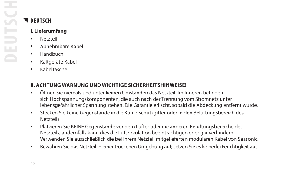 Deut sch | SeaSonic Electronics GX-1000W 80-PLUS Gold PCIE5 Modular Power Supply User Manual | Page 32 / 96