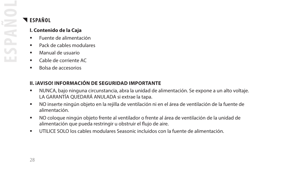 Esp añol | SeaSonic Electronics GX-1000W 80-PLUS Gold PCIE5 Modular Power Supply User Manual | Page 48 / 96