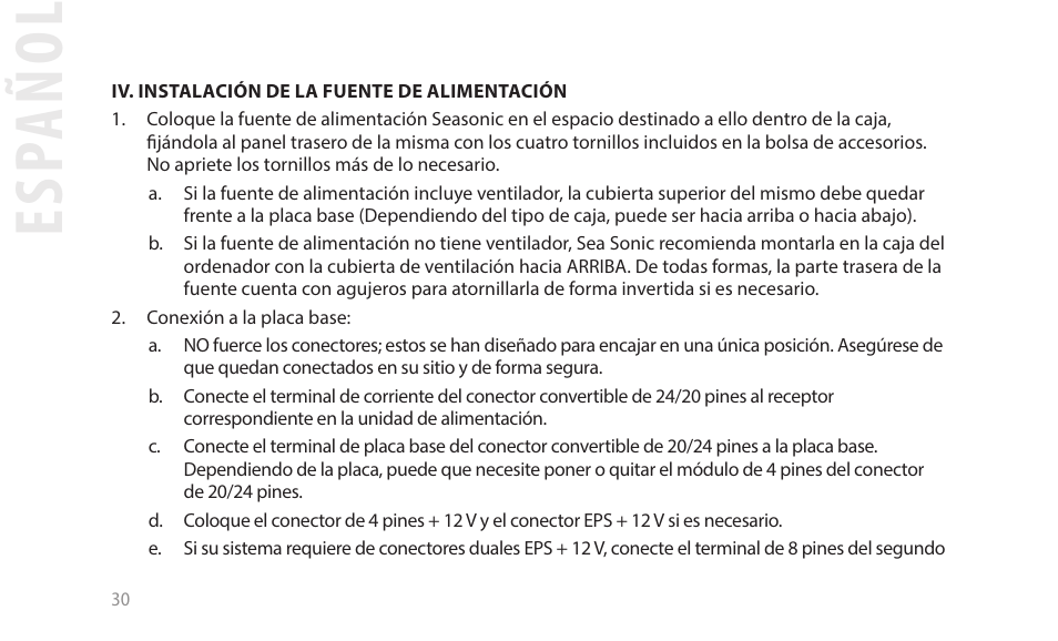 Esp añol | SeaSonic Electronics GX-1000W 80-PLUS Gold PCIE5 Modular Power Supply User Manual | Page 50 / 96