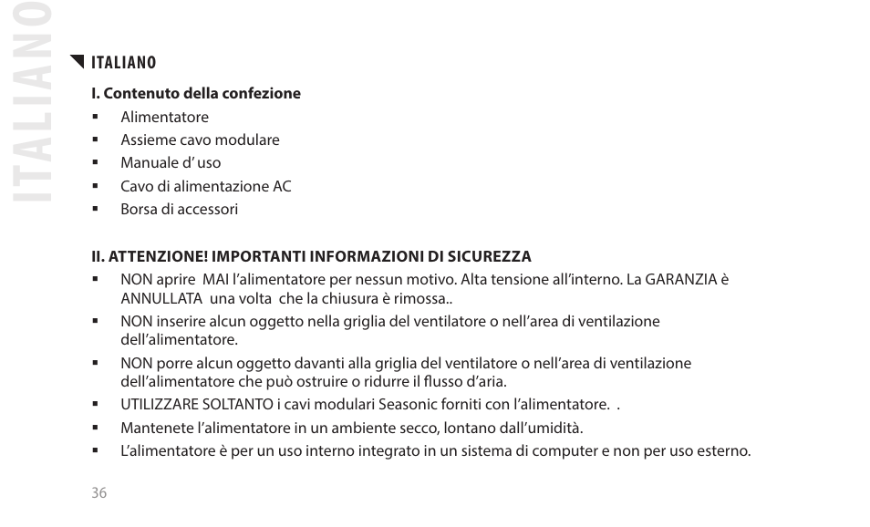 It al ia no | SeaSonic Electronics GX-1000W 80-PLUS Gold PCIE5 Modular Power Supply User Manual | Page 56 / 96