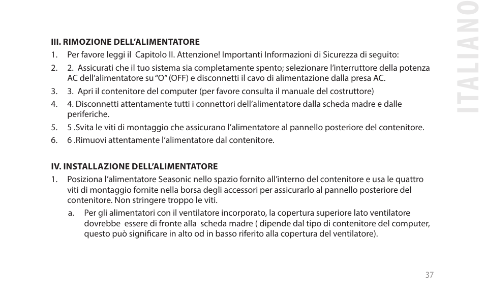 It al ia no | SeaSonic Electronics GX-1000W 80-PLUS Gold PCIE5 Modular Power Supply User Manual | Page 57 / 96