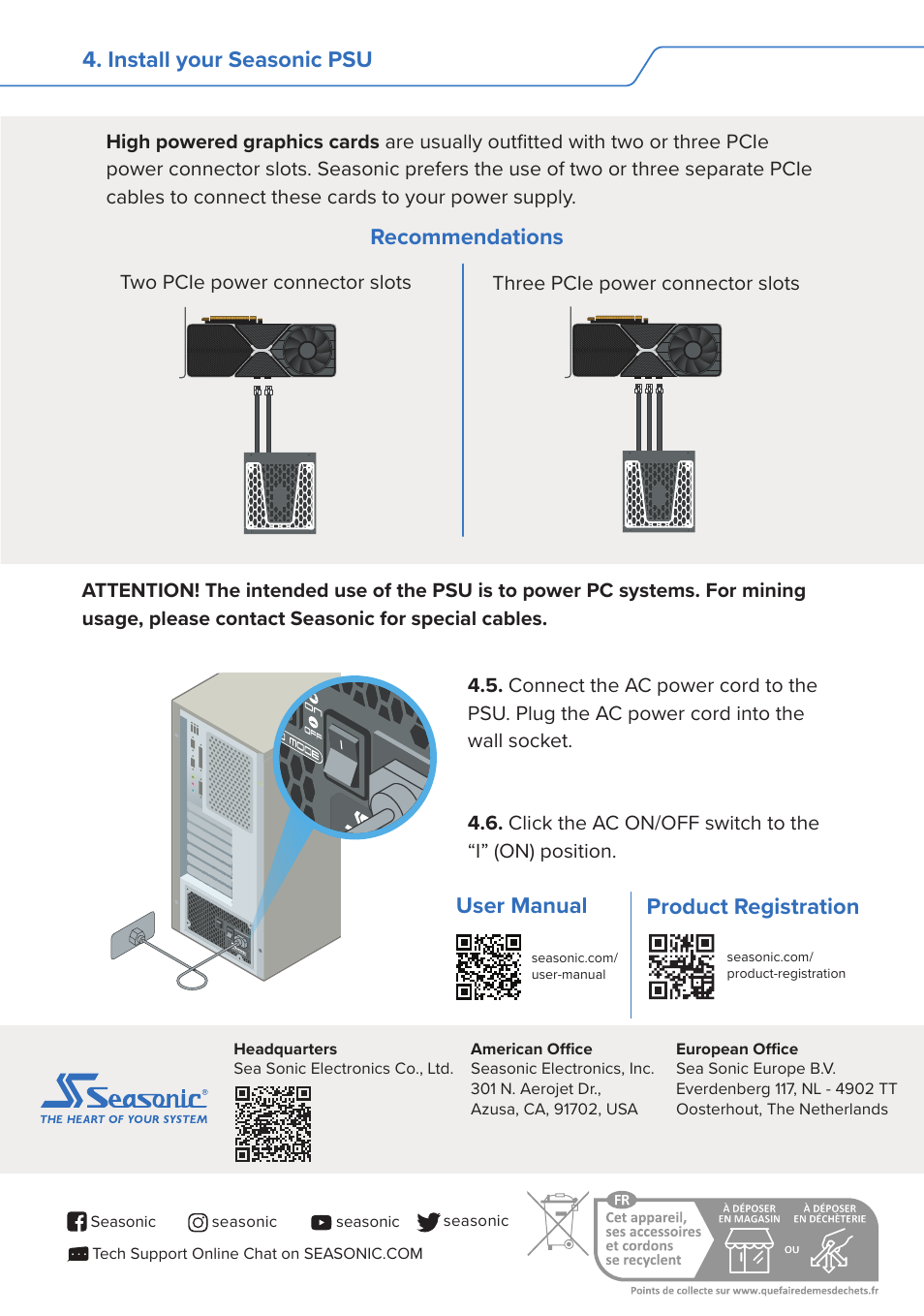 Install your seasonic psu, Recommendations, User manual | Product registration | SeaSonic Electronics GX-1000W 80-PLUS Gold PCIE5 Modular Power Supply User Manual | Page 6 / 96