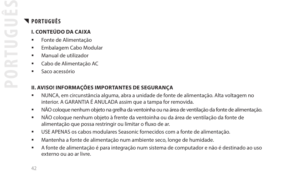 Por tuguês | SeaSonic Electronics GX-1000W 80-PLUS Gold PCIE5 Modular Power Supply User Manual | Page 62 / 96