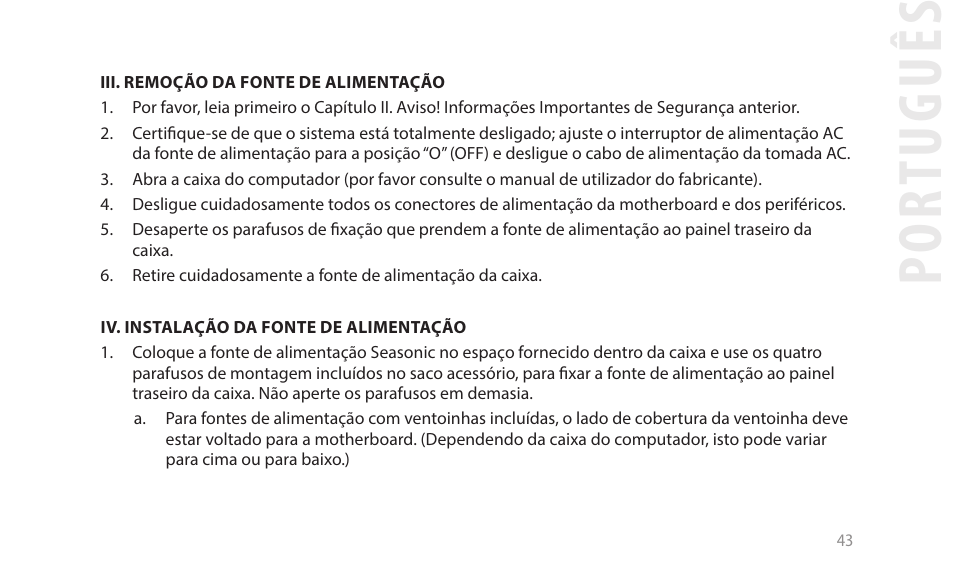 Por tuguês | SeaSonic Electronics GX-1000W 80-PLUS Gold PCIE5 Modular Power Supply User Manual | Page 63 / 96