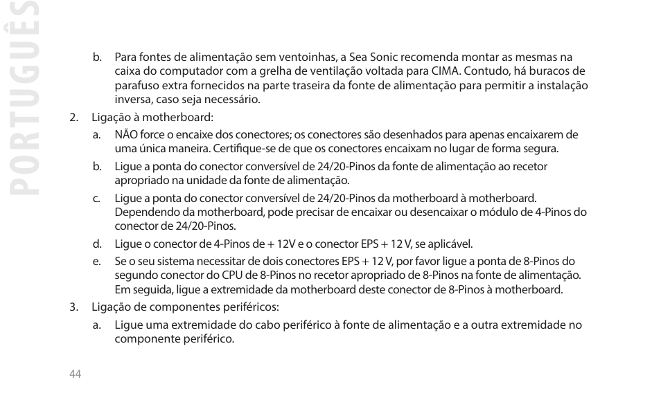 Por tuguês | SeaSonic Electronics GX-1000W 80-PLUS Gold PCIE5 Modular Power Supply User Manual | Page 64 / 96