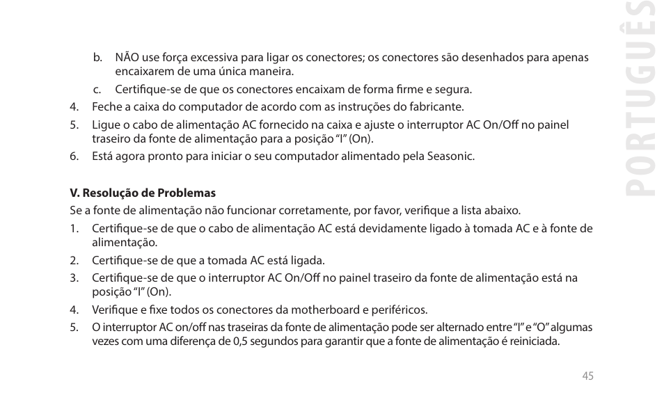 Por tuguês | SeaSonic Electronics GX-1000W 80-PLUS Gold PCIE5 Modular Power Supply User Manual | Page 65 / 96