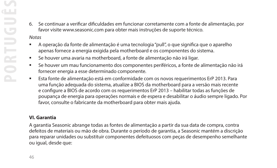 Por tuguês | SeaSonic Electronics GX-1000W 80-PLUS Gold PCIE5 Modular Power Supply User Manual | Page 66 / 96