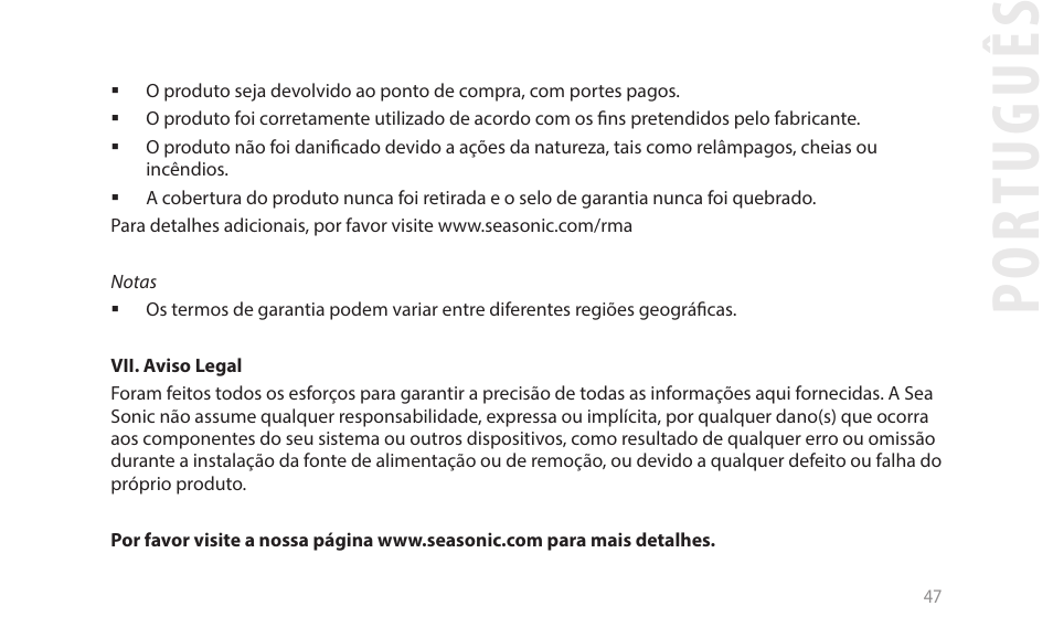 Por tuguês | SeaSonic Electronics GX-1000W 80-PLUS Gold PCIE5 Modular Power Supply User Manual | Page 67 / 96