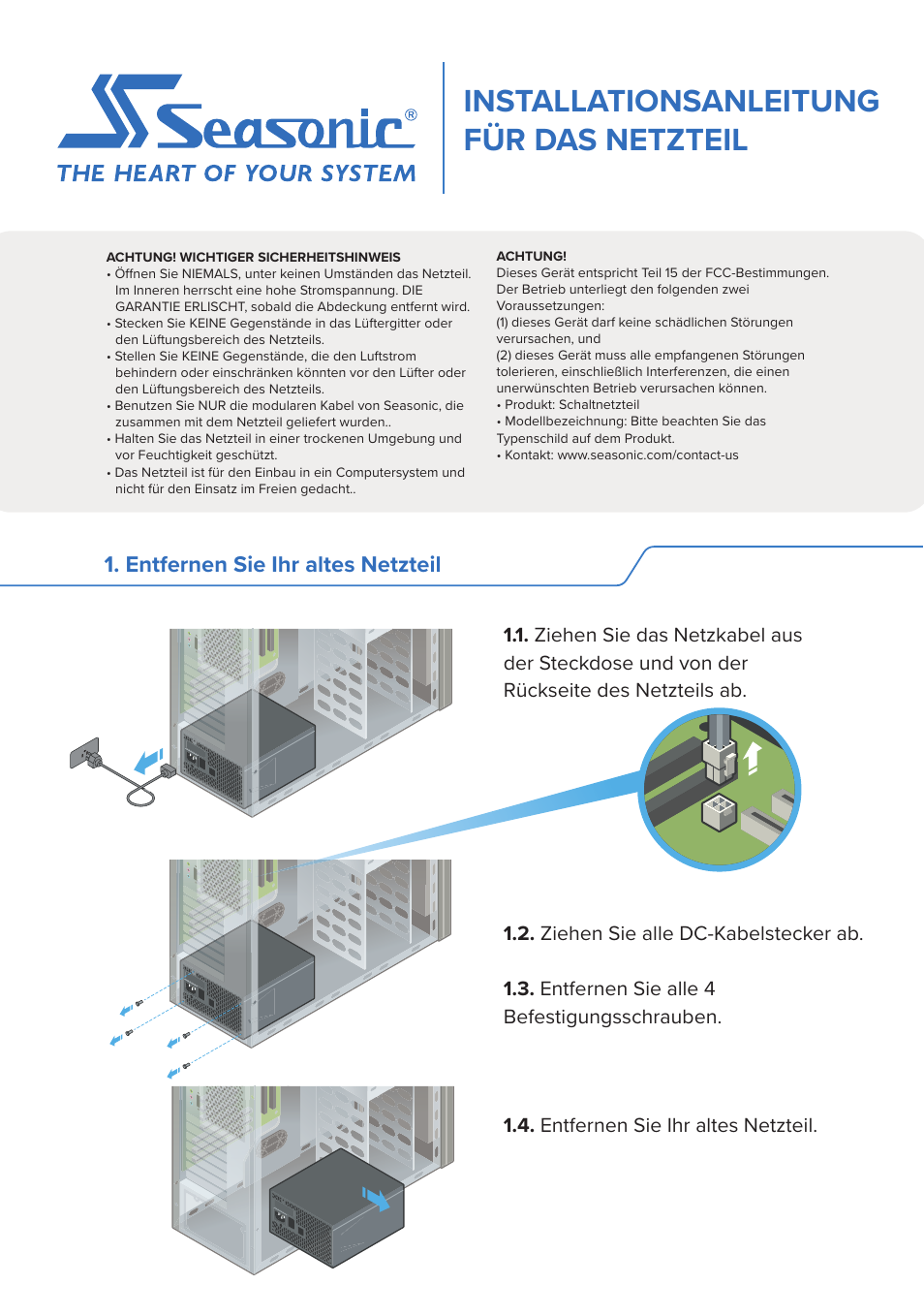 Installationsanleitung für das netzteil, Entfernen sie ihr altes netzteil | SeaSonic Electronics GX-1000W 80-PLUS Gold PCIE5 Modular Power Supply User Manual | Page 7 / 96