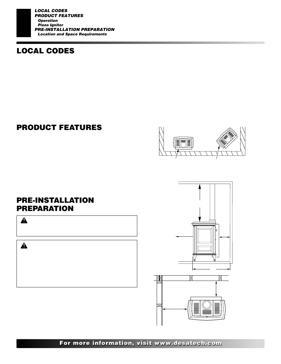 Pre-installation preparation, Local codes product features, Location and space requirements | Operation, Piezo ignitor | Desa SBVBN(C) User Manual | Page 4 / 36