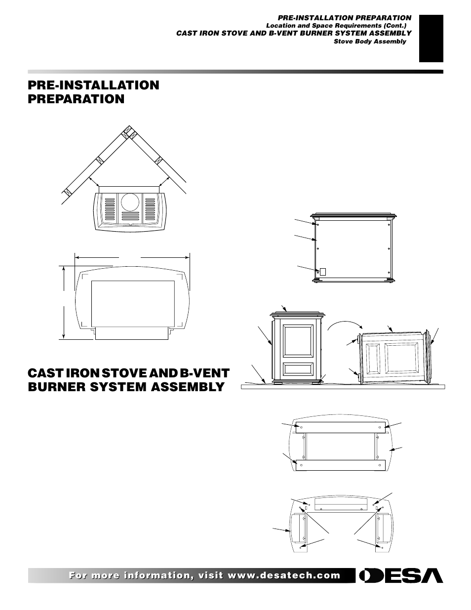 Pre-installation preparation, Cast iron stove and b-vent burner system assembly, Continued | Stove body assembly | Desa SBVBN(C) User Manual | Page 5 / 36