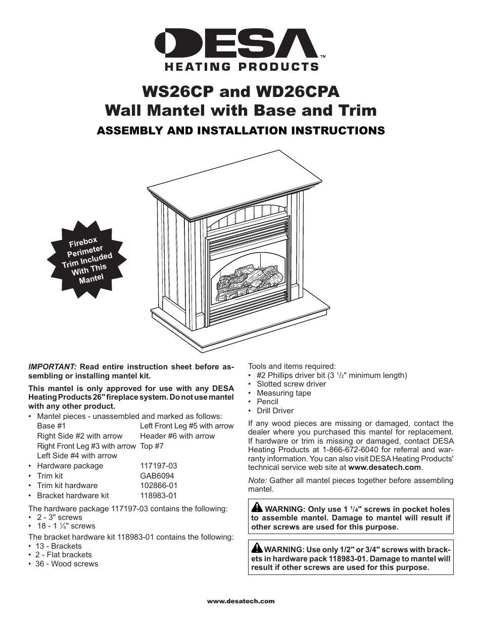 Desa Wall Mantel with Base and Trim WD26CPA User Manual | 4 pages