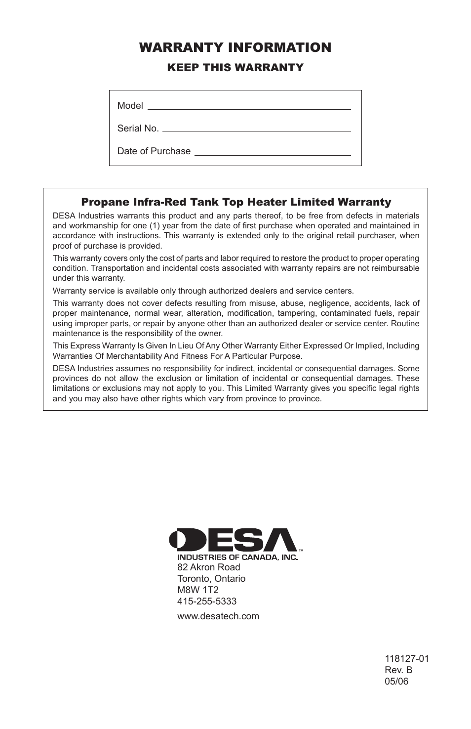 Warranty and repair service, Warranty information | Desa 050 BTU User Manual | Page 10 / 32