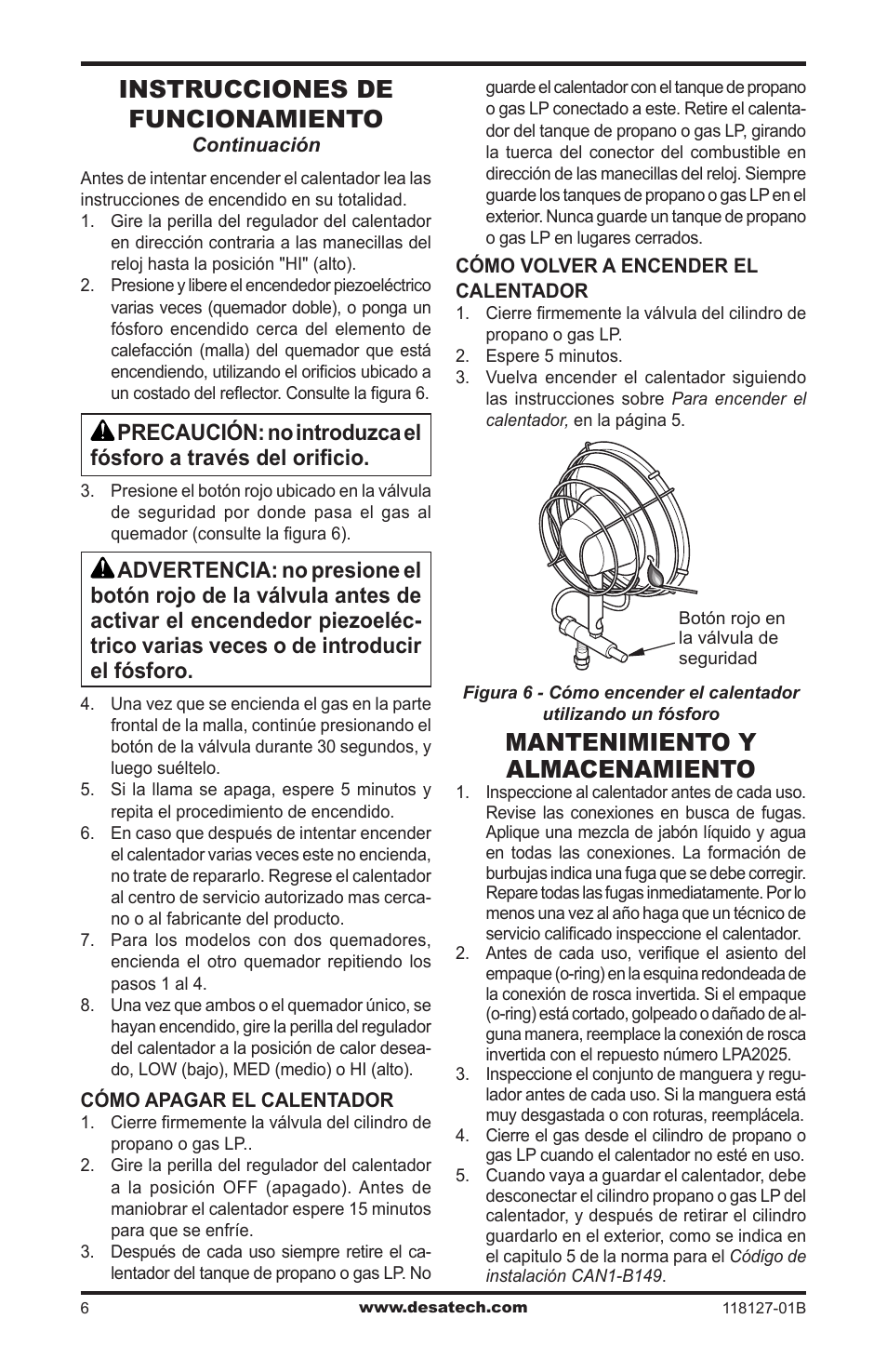 Mantenimiento y almacenamiento, Instrucciones de funcionamiento | Desa 050 BTU User Manual | Page 16 / 32