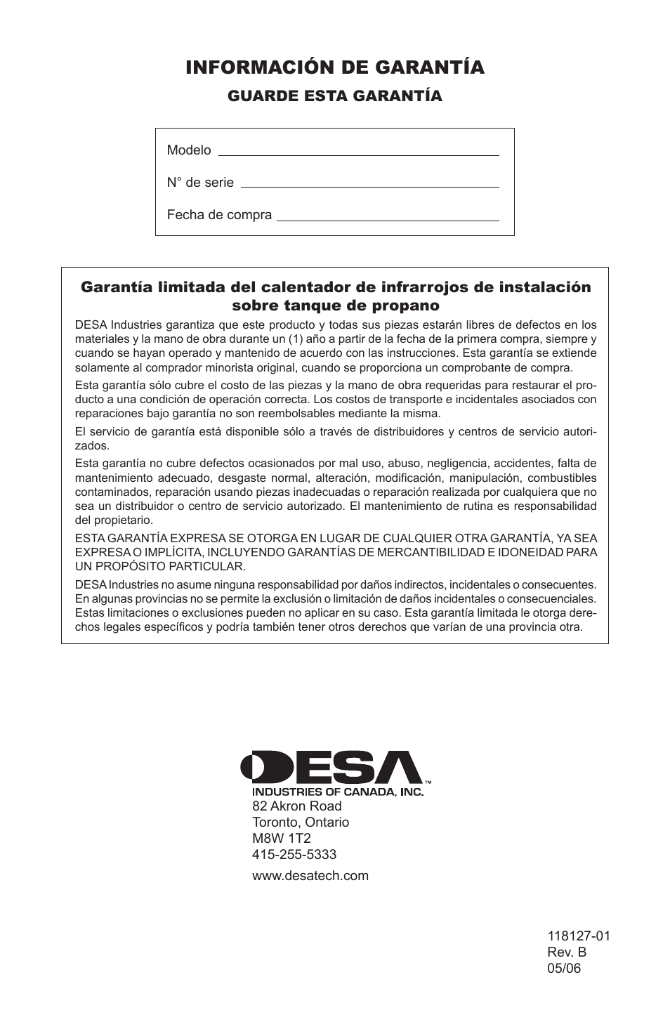 Información de garantía | Desa 050 BTU User Manual | Page 20 / 32