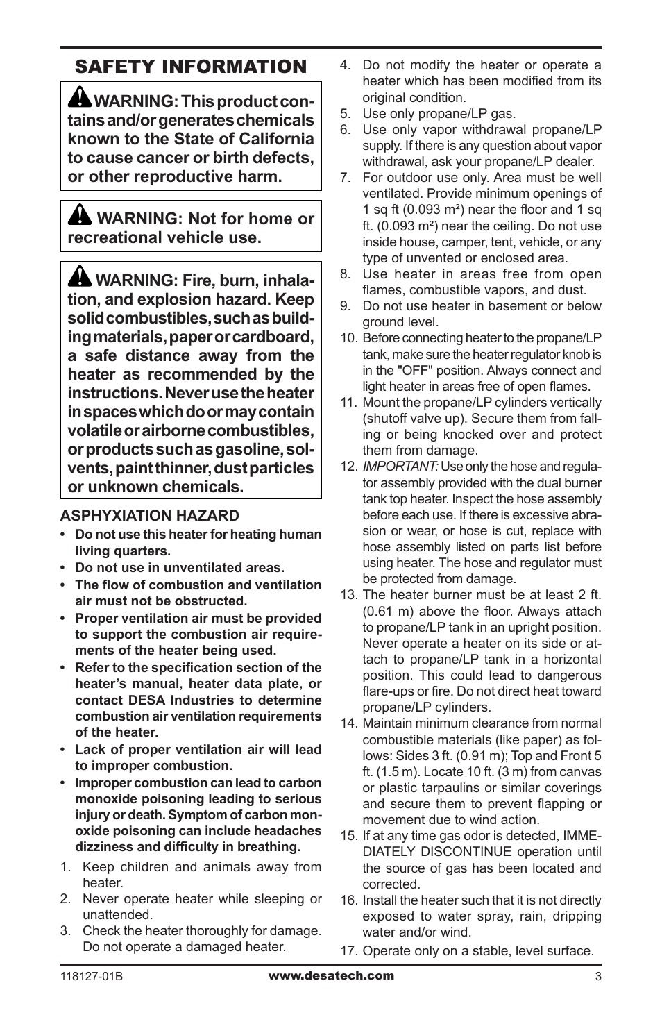 Safety information | Desa 050 BTU User Manual | Page 3 / 32