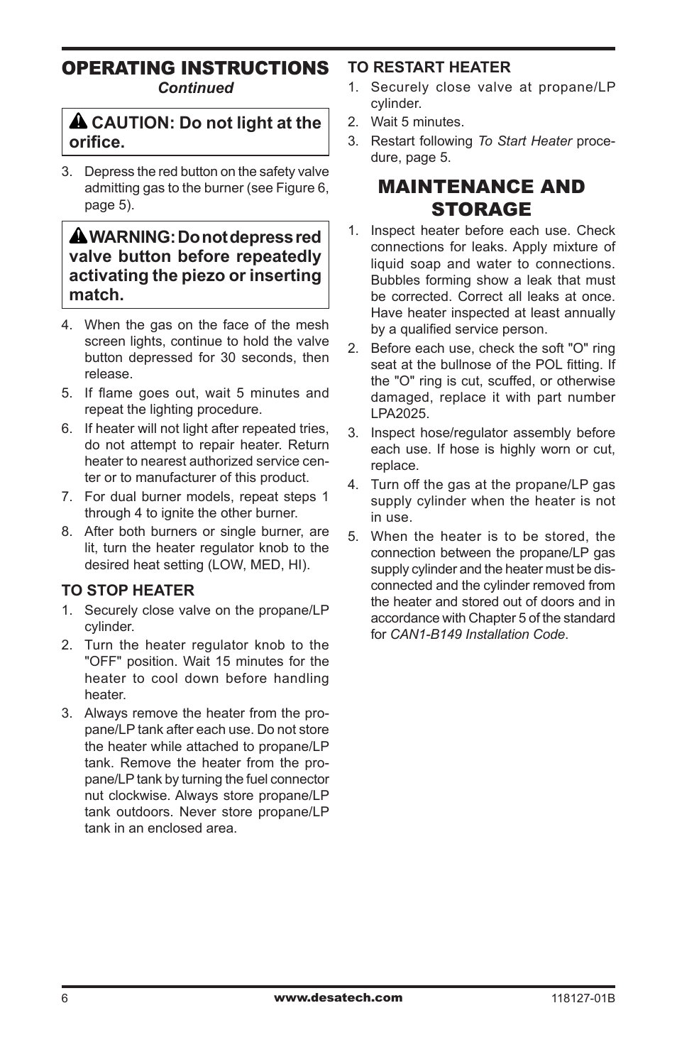 Maintenance and storage, Operating instructions, Caution: do not light at the orifice | Desa 050 BTU User Manual | Page 6 / 32