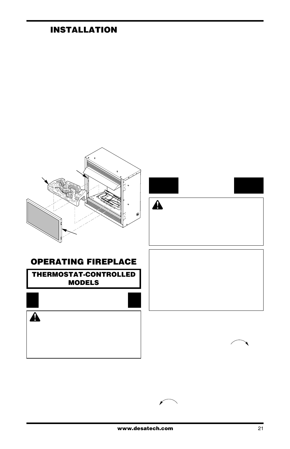 Installation, Operating fireplace | Desa FDCFRN User Manual | Page 21 / 44