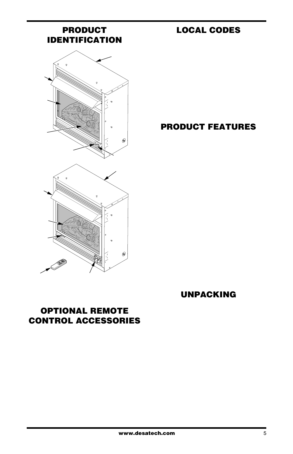 Product identification, Optional remote control accessories, Local codes | Product features, Unpacking | Desa FDCFRN User Manual | Page 5 / 44