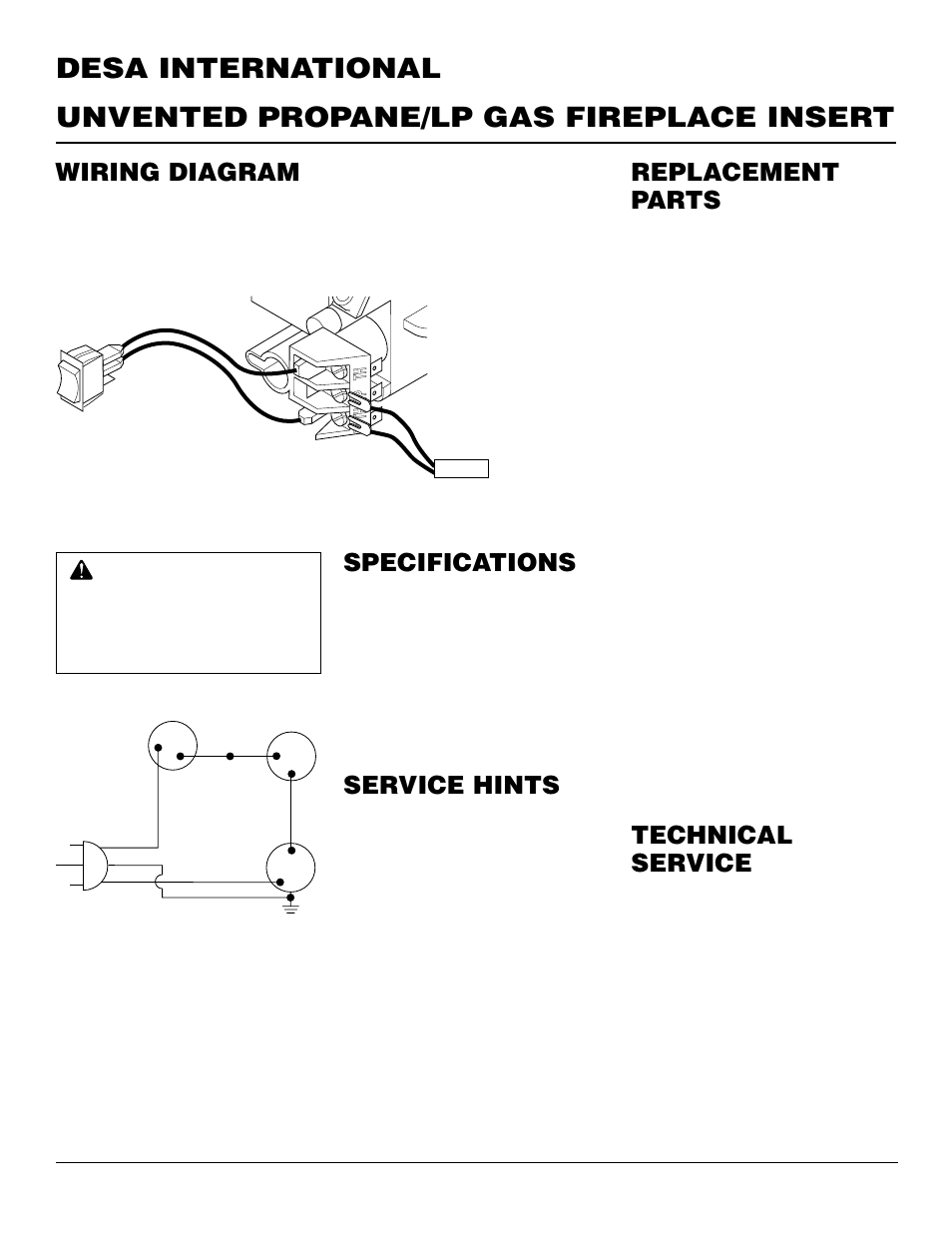 Specifications, Replacement parts, Technical service | Service hints, Wiring diagram, Parts under warranty, Parts not under warranty | Desa VI33PR User Manual | Page 20 / 28