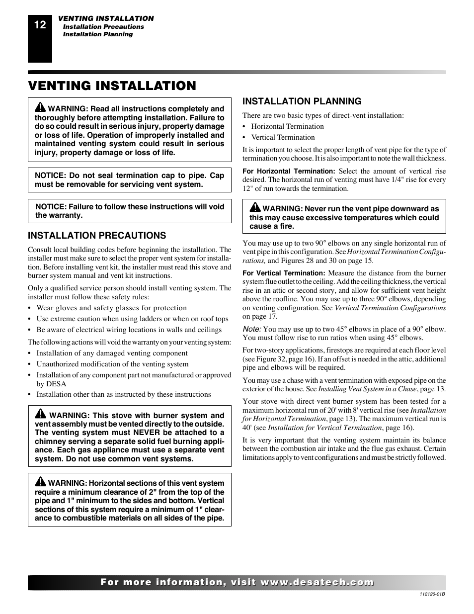 Venting installation | Desa SDVBPD User Manual | Page 12 / 42