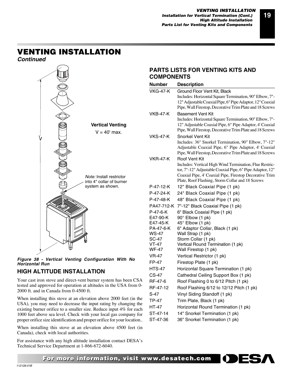 Venting installation, Continued | Desa SDVBPD User Manual | Page 19 / 42